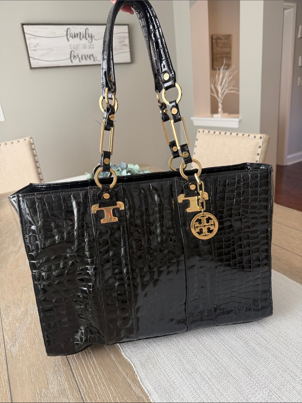 Tory Burch Black Croc-Embossed Tote with Gold Accents